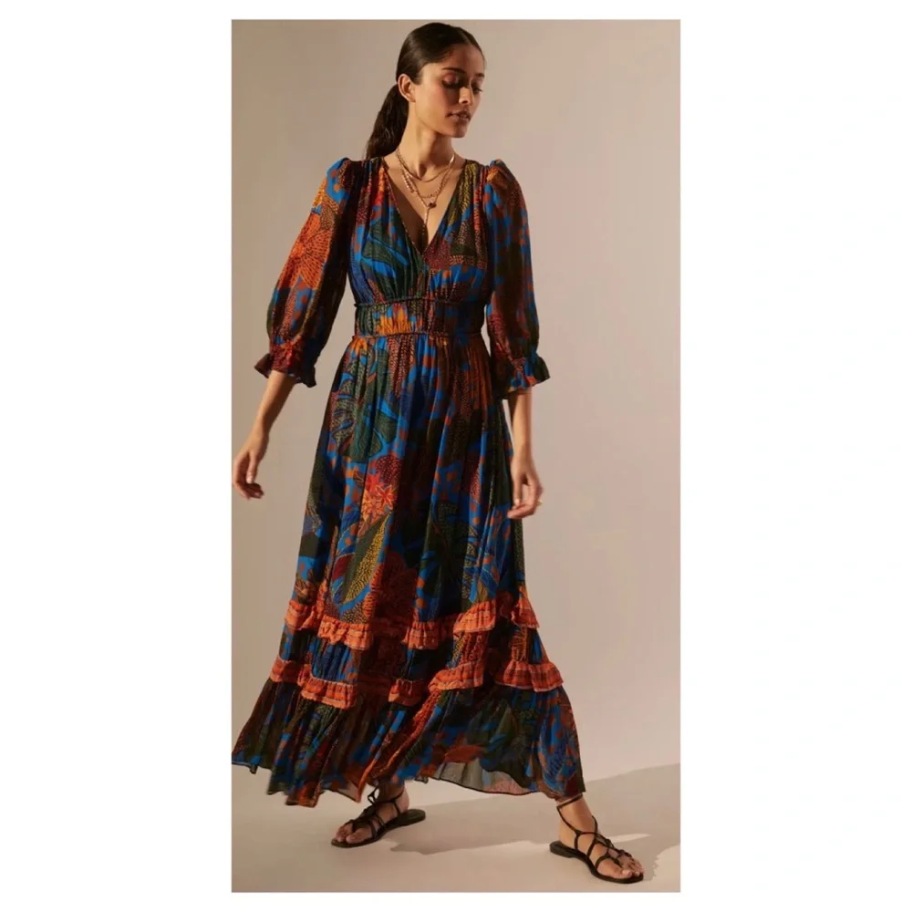 FARM Rio Blue and Orange Floral Maxi Dress - Picture 1 of 14